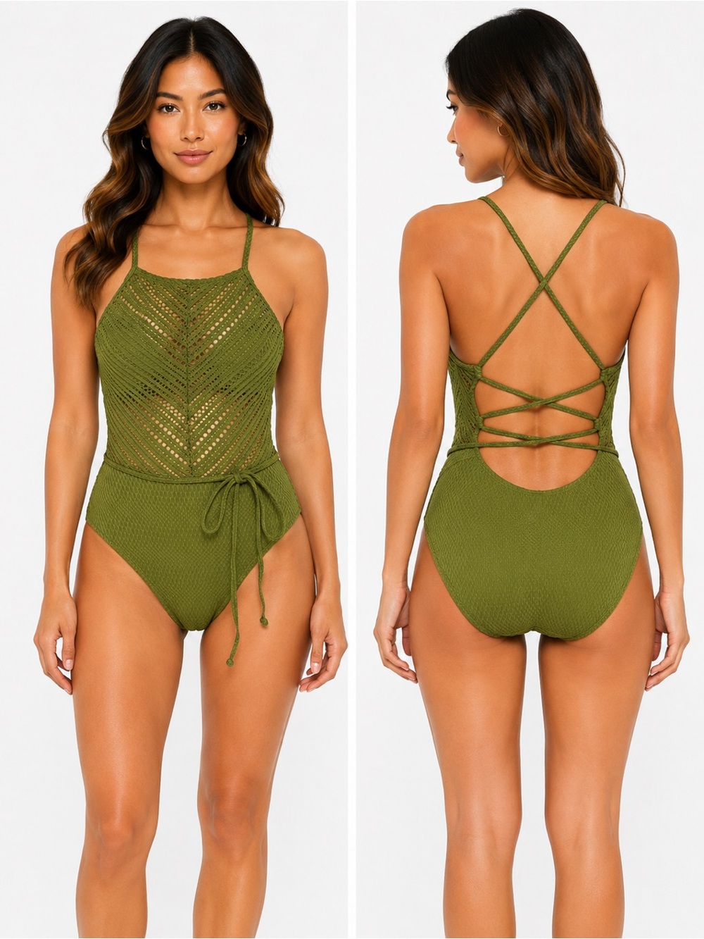 Robin Poccone Chic Green Crochet One-Piece Swimsuit Size 10